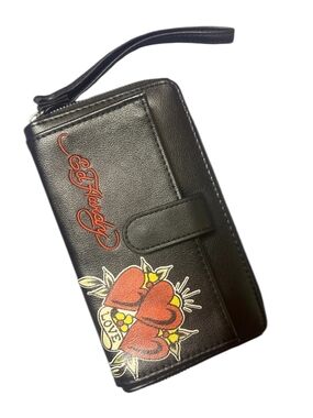 Ed Hardy Black Leatherette Wristlet Wallet with Red Heart Graphic